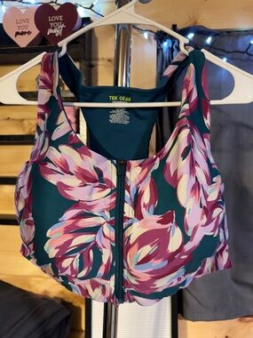 tek gear Teal Floral Front-Zip Sports Bra